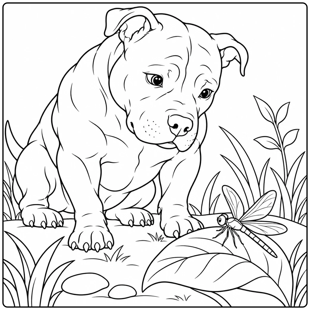 Curious Pitbull watches a dragonfly resting on a broad leaf beside tall grass