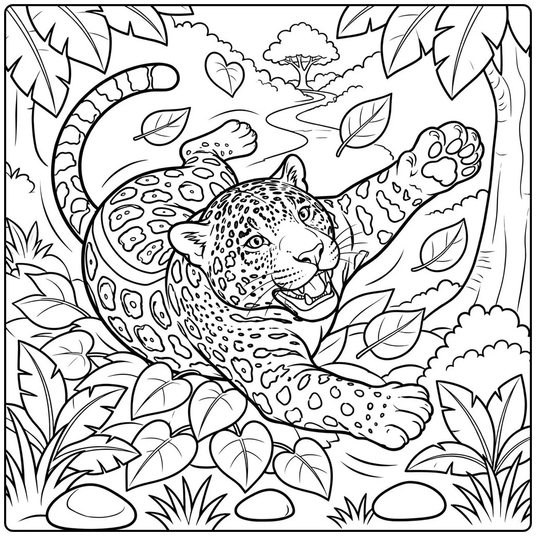 An adult jaguar rolling playfully through a pile of broad jungle leaves with its paws raised