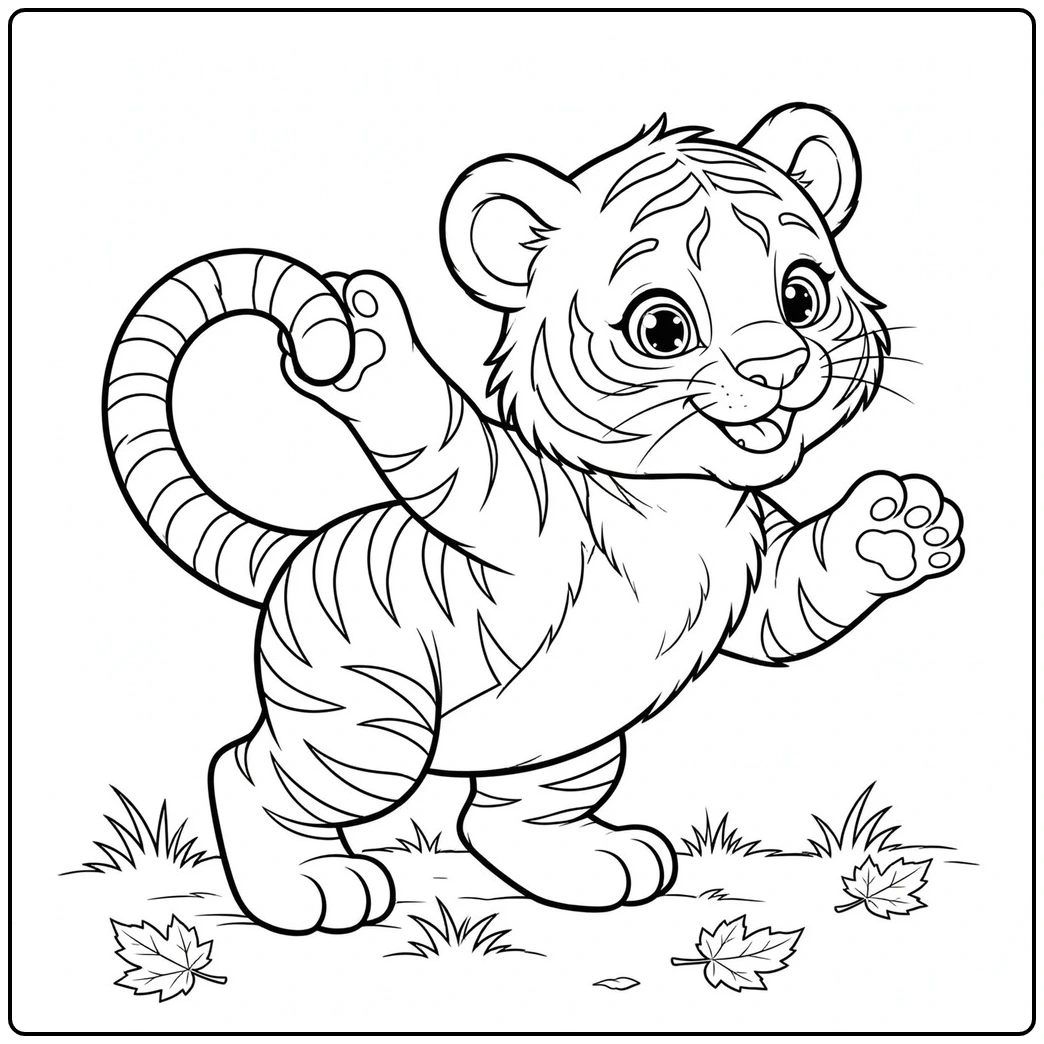 Playful cub twisting toward its curved tail with both front paws raised