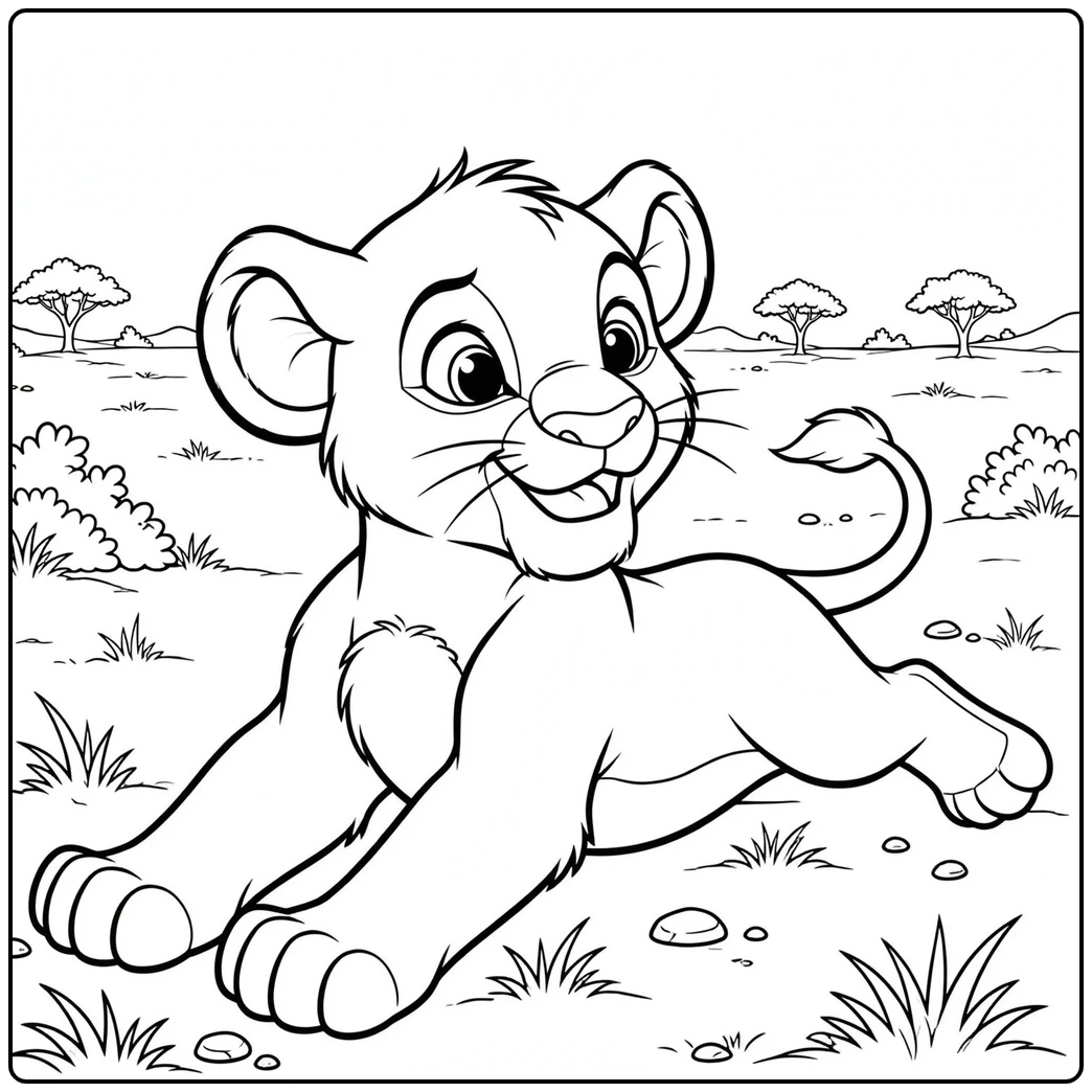 Playful lion cub relaxes across the savanna with a bright, happy expression