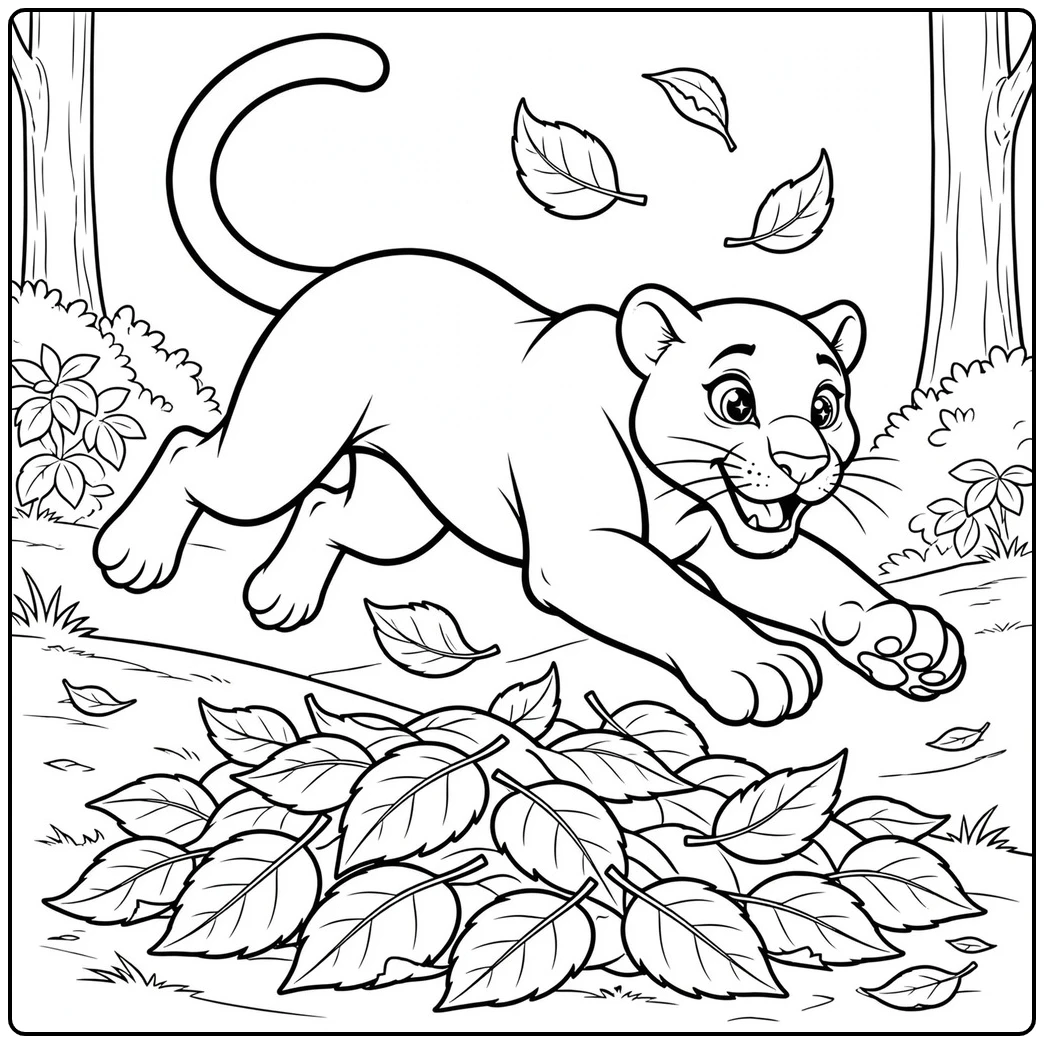 Young panther leaping toward a pile of fallen leaves with an excited smile in the forest