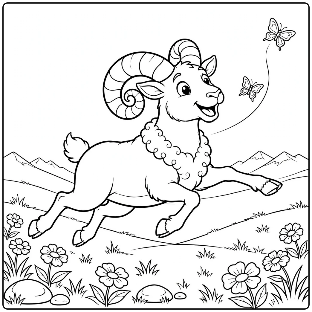 Joyful ram coloring page featuring a leaping sheep chasing butterflies across a mountain meadow