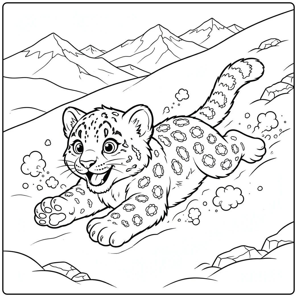 A happy cub sliding down a snowy slope in a baby snow leopard coloring page