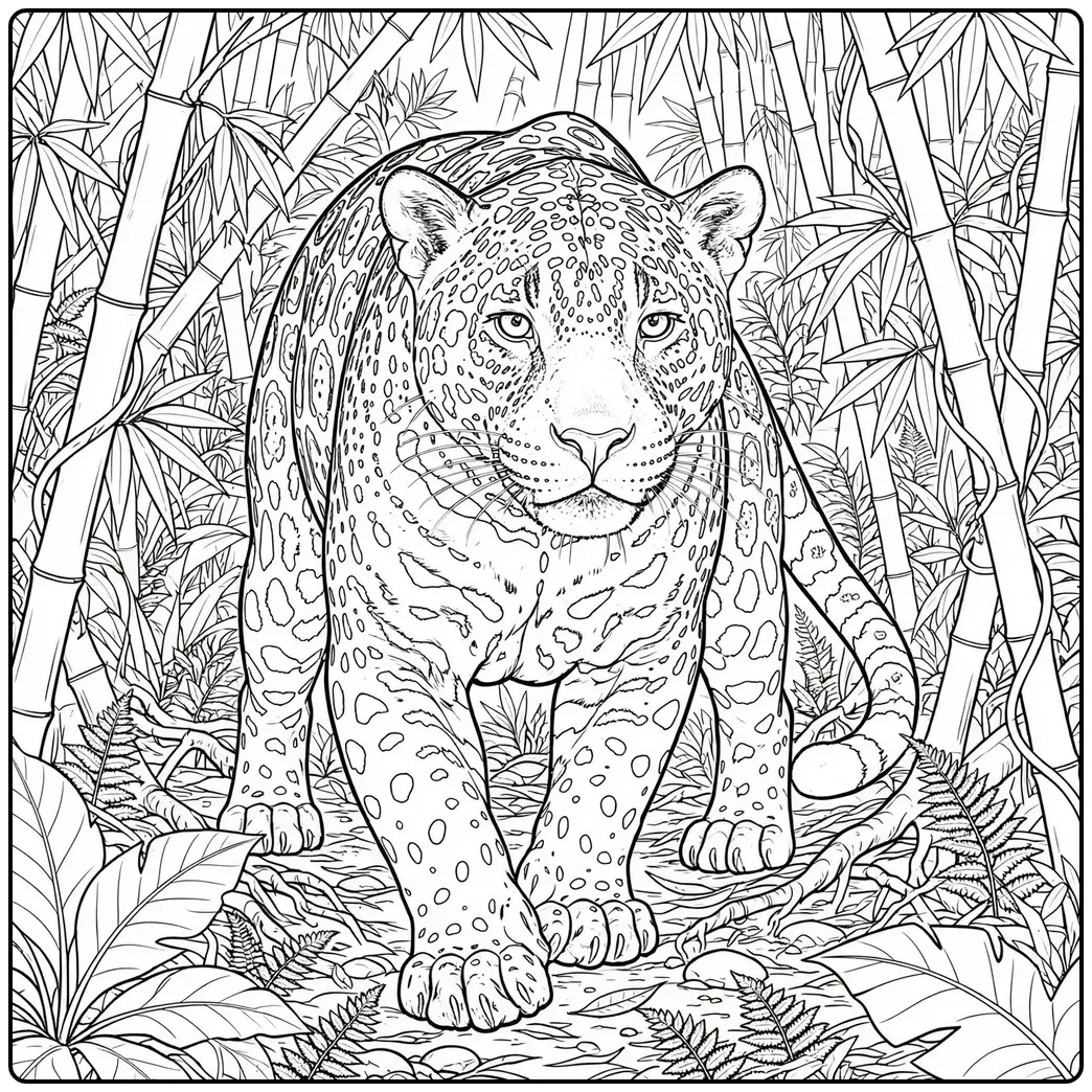 Powerful spotted jaguar walking toward the viewer through a dense bamboo forest