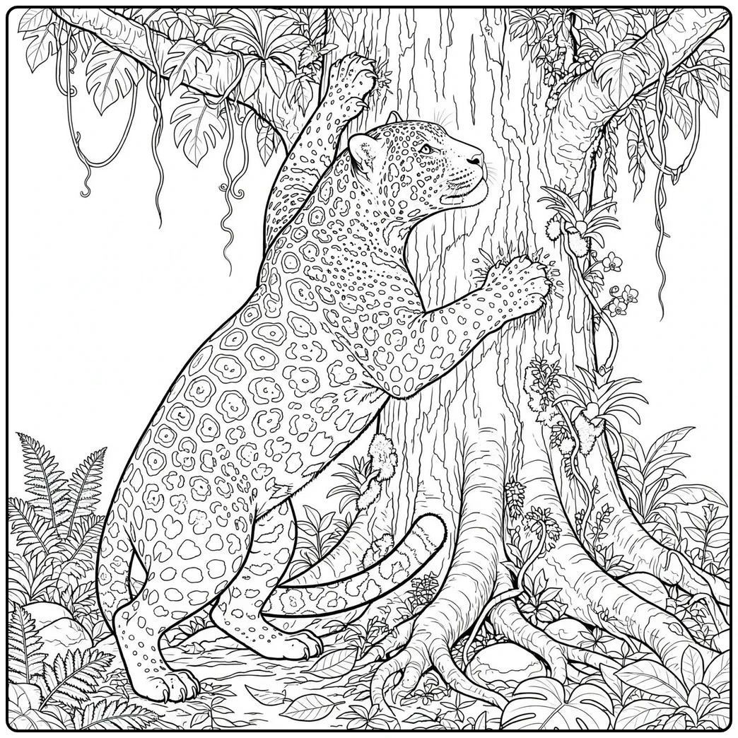 A muscular jaguar stretching up against a thick tree trunk surrounded by vines and roots