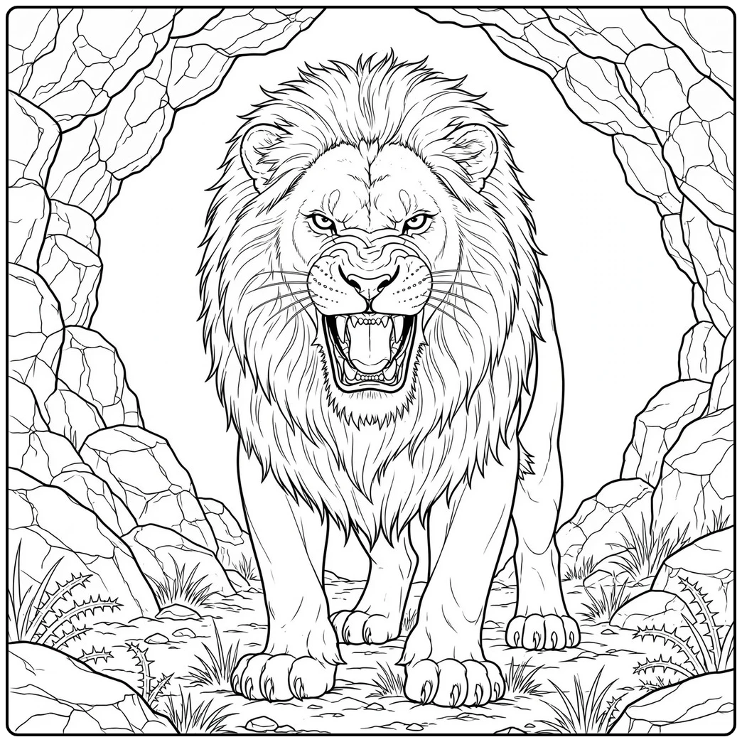 Detailed male lion faces forward and roars fiercely from inside a rocky cave