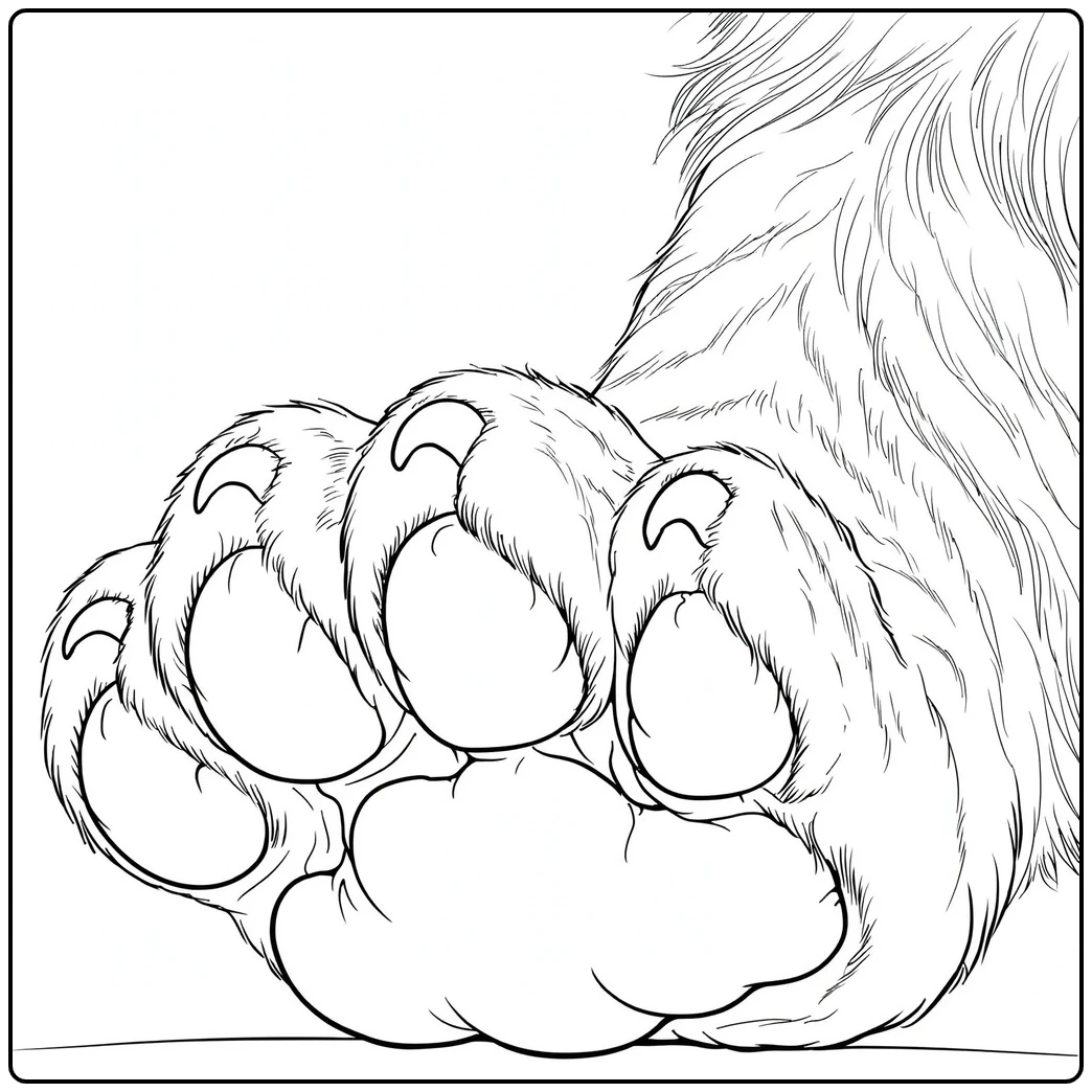 Close-up tiger paw coloring page from a low angle with thick pads and curved claws