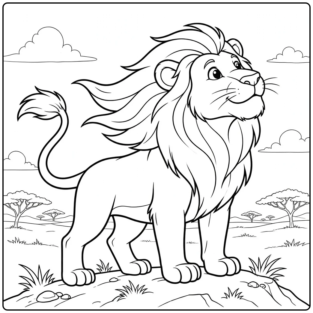 Windblown male lion stands proudly in a cool lion coloring page on the savanna