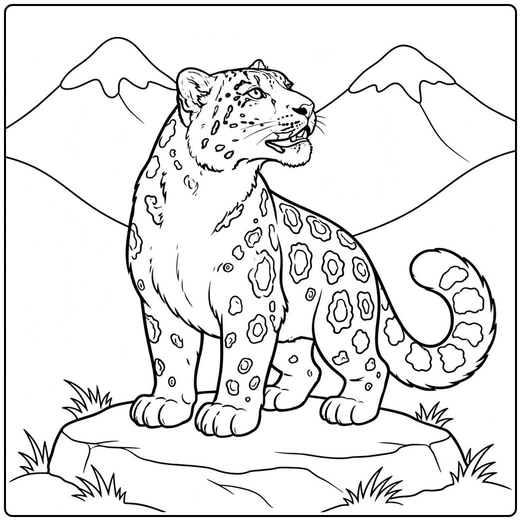 An adult snow leopard calling from a rocky ledge in an easy snow leopard coloring page