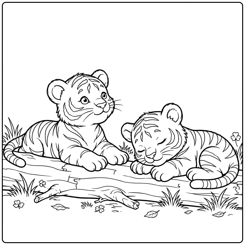 Two young tigers relaxing on a fallen log, one awake and one sleeping