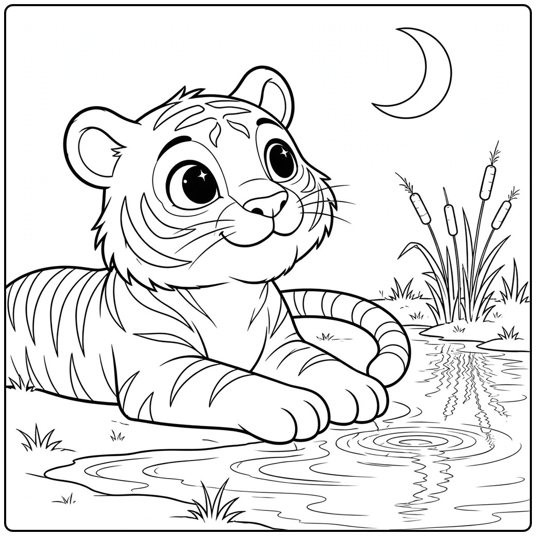 Relaxed tiger by a moonlit pond in a cute tiger coloring page