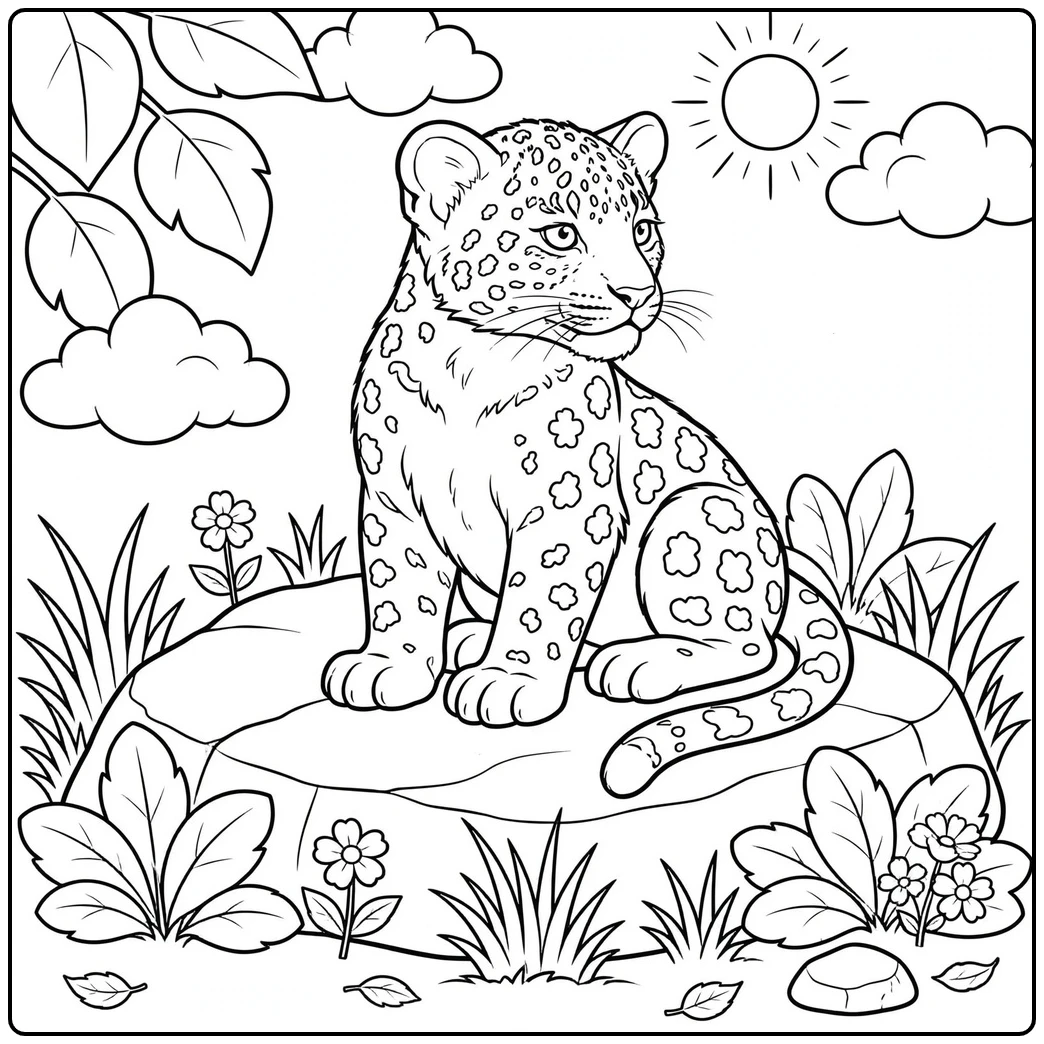 Calm cub on a rock in a realistic baby leopard coloring page with flowers and grass
