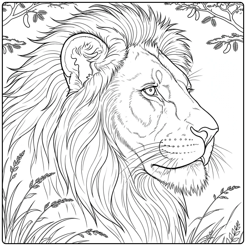 Detailed male lion profile with flowing mane beneath sparse acacia branches