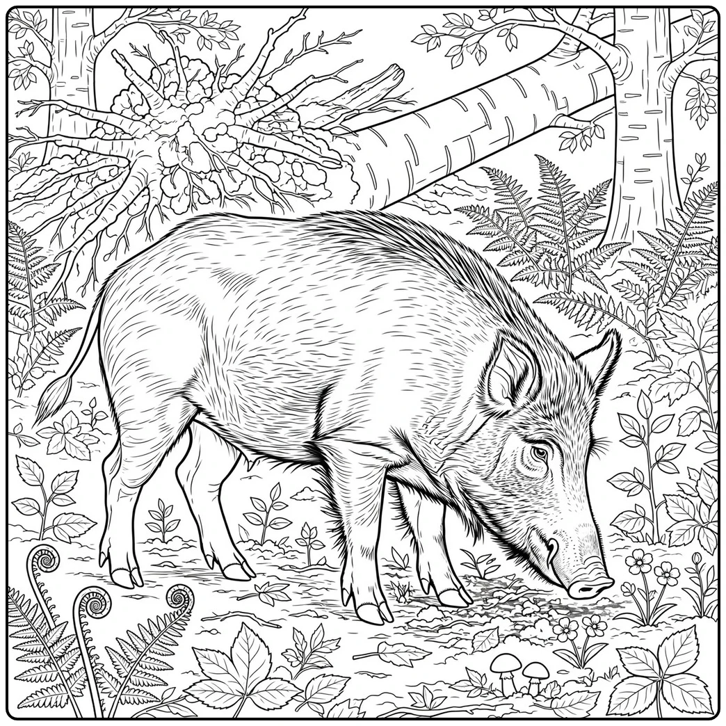 Realistic wild boar coloring page with an adult boar sniffing soil near a fallen tree