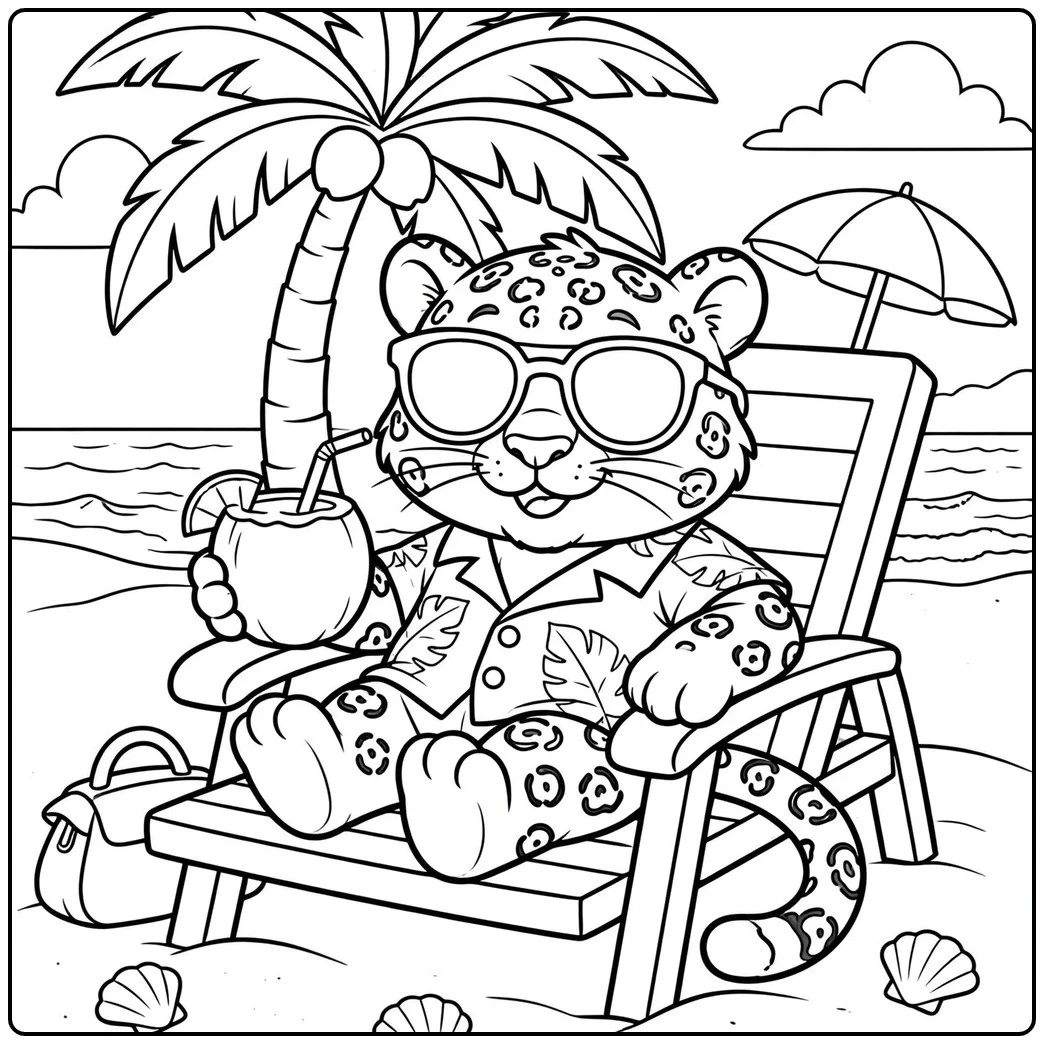 A jaguar coloring page featuring a spotted cat in sunglasses relaxing on a beach chair