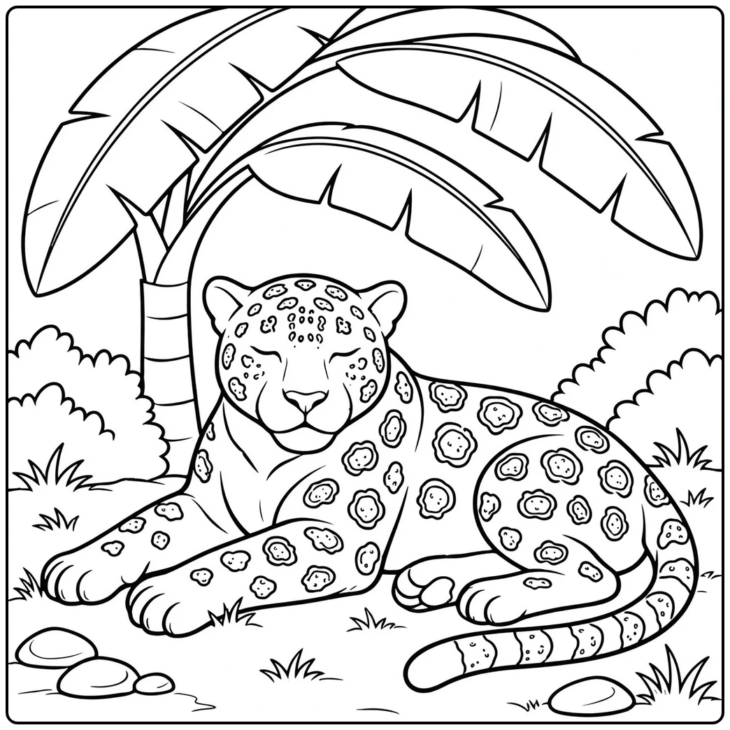 A resting adult jaguar beneath broad banana leaves on an easy jaguar coloring page