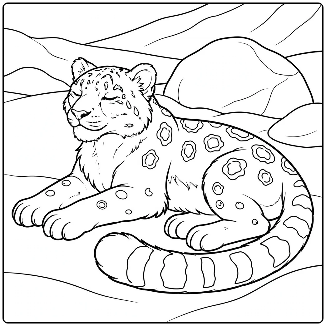 A resting snow leopard with closed eyes and a thick curled tail beside a mountain boulder