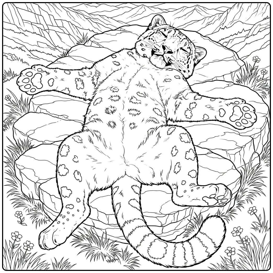 A snow leopard relaxing on its back across a rocky ledge in a snow leopard coloring page