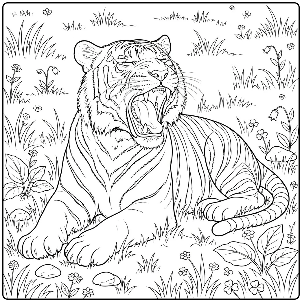 Yawning tiger resting in a grassy meadow among small flowers and stones