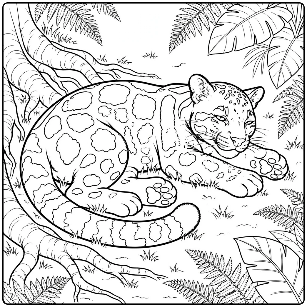Resting clouded leopard curled beside tree roots and ferns in the rainforest