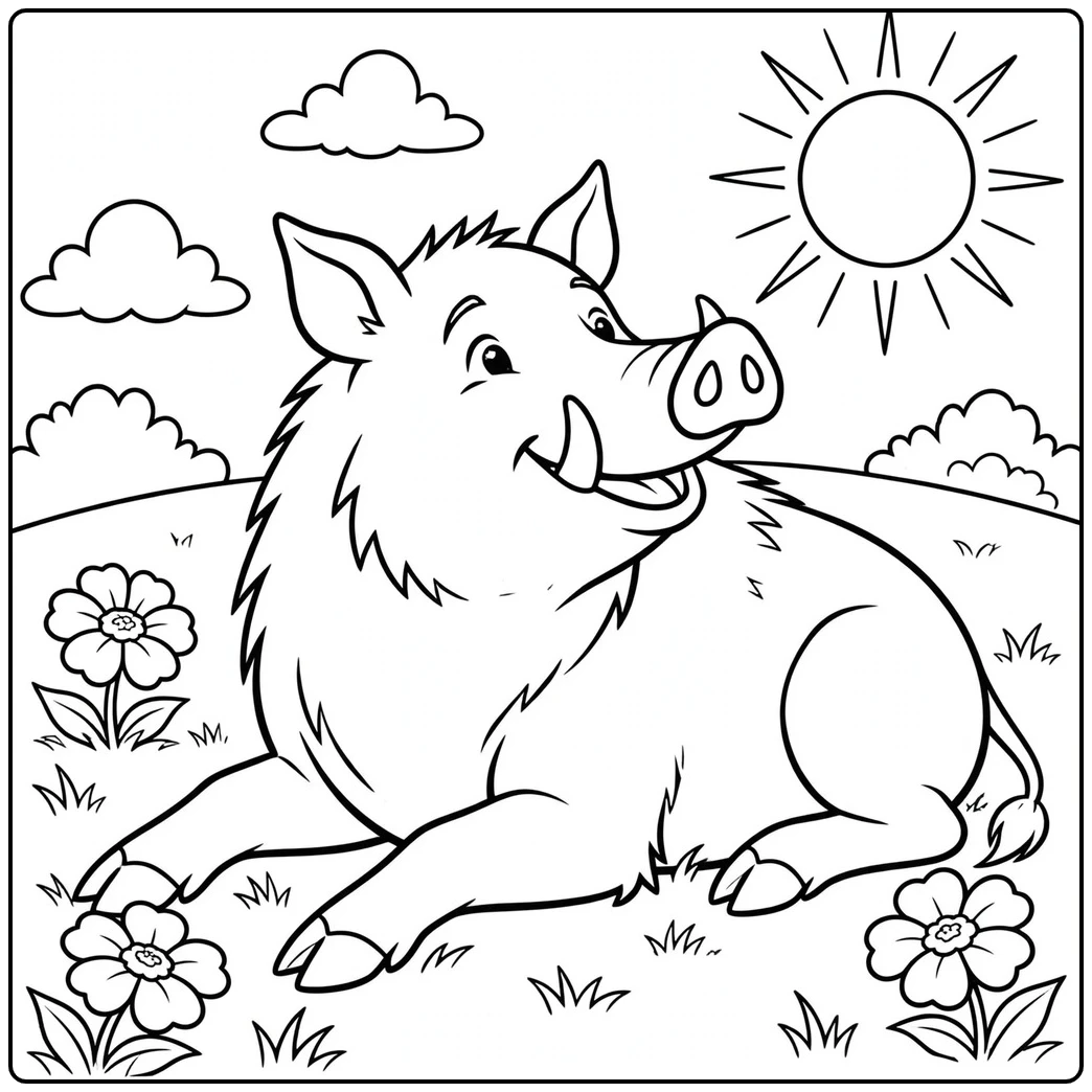 Adult boar resting on a sunny meadow surrounded by flowers, rolling hills, and clouds