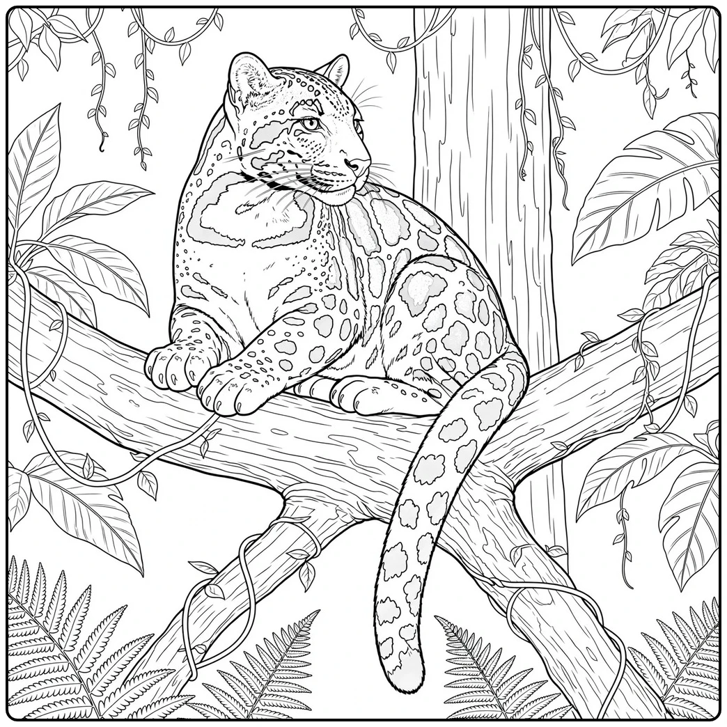 Clouded leopard resting on a thick jungle branch with its long tail hanging down