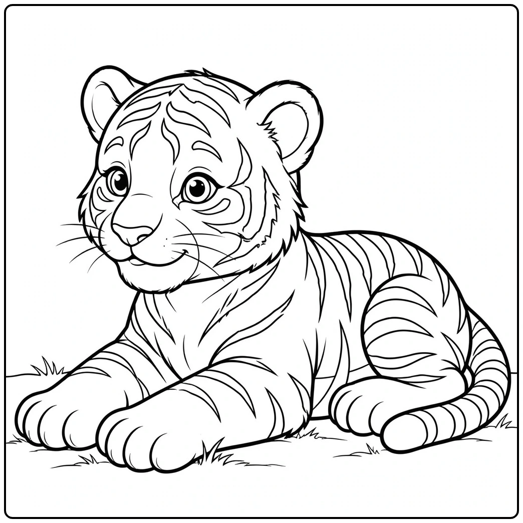 Young tiger resting with large front paws stretched forward on simple grass