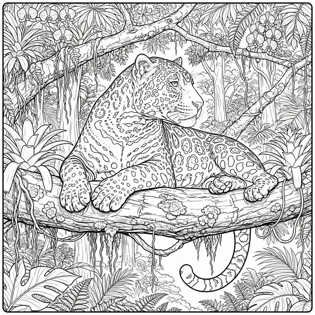 Adult jaguar resting on a thick tree branch surrounded by orchids and tropical vines