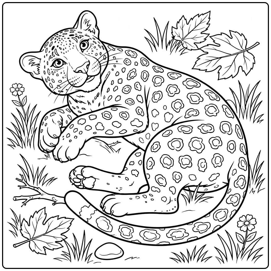 Relaxed adult leopard curls on the grass among fallen leaves and small flowers