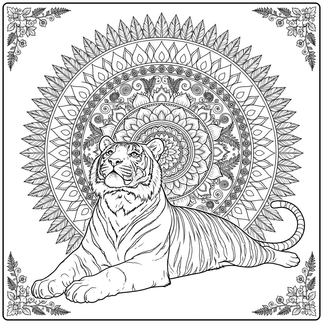 Resting adult tiger posed before an intricate circular mandala with floral rings