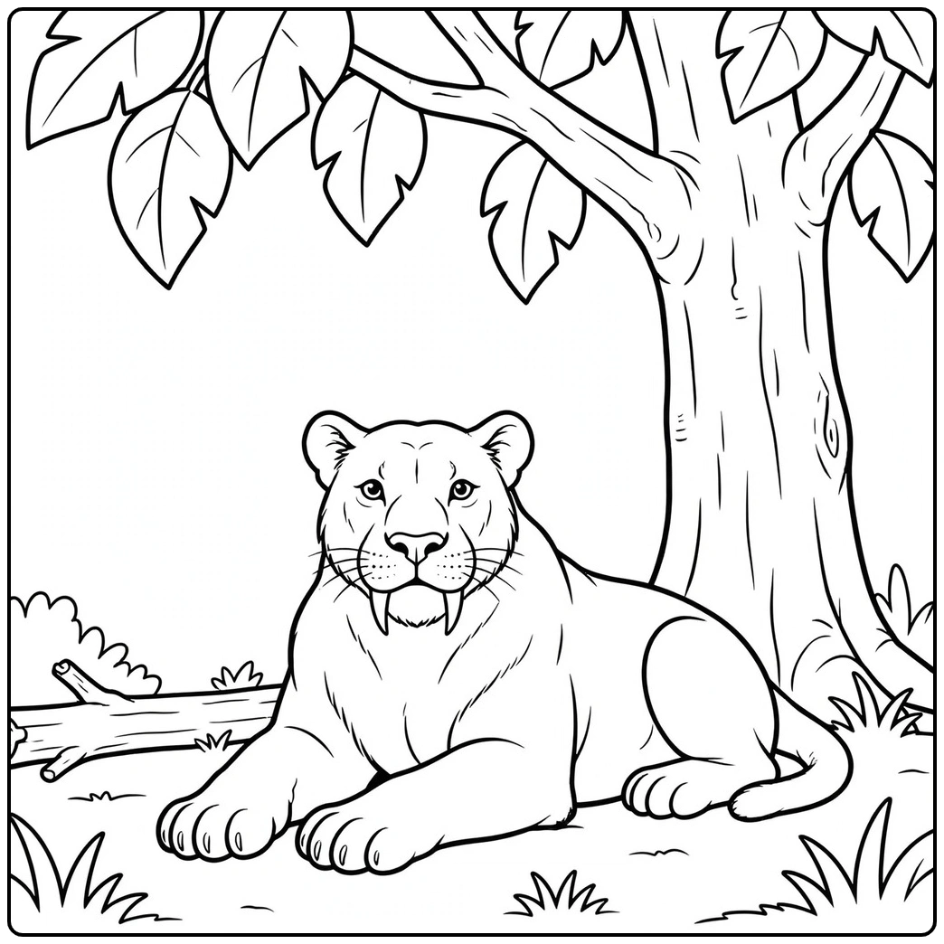 Resting saber tooth tiger coloring page beneath a large tree with paws stretched forward