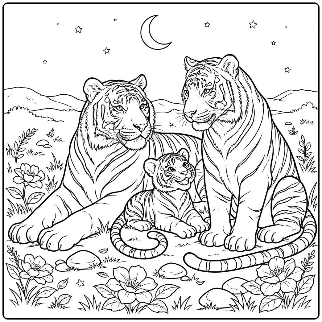 Two adult tigers rest beside their cub beneath a crescent moon and scattered stars