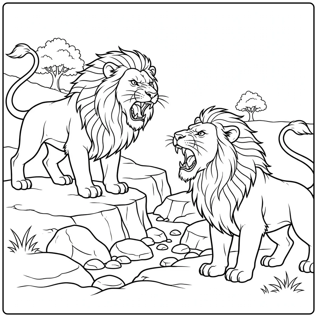 Two male lions roar at each other across a rocky ravine with tense expressions