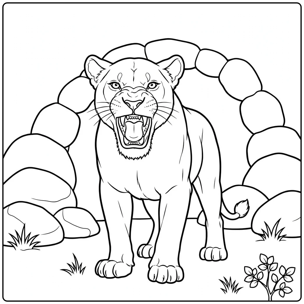 Lioness snarls at a cave entrance in a dramatic lion roaring coloring page