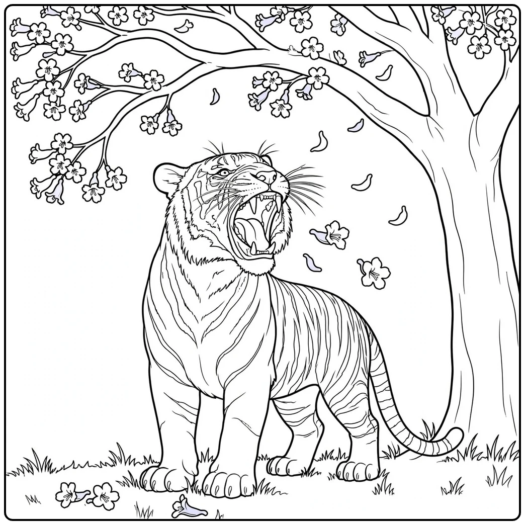 Tiger stands beneath flowering branches, roaring as loose petals drift around its face