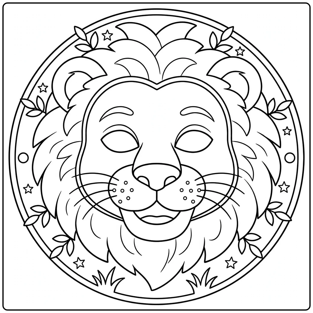 Smiling male lion mask surrounded by a circular border of stars and leaves