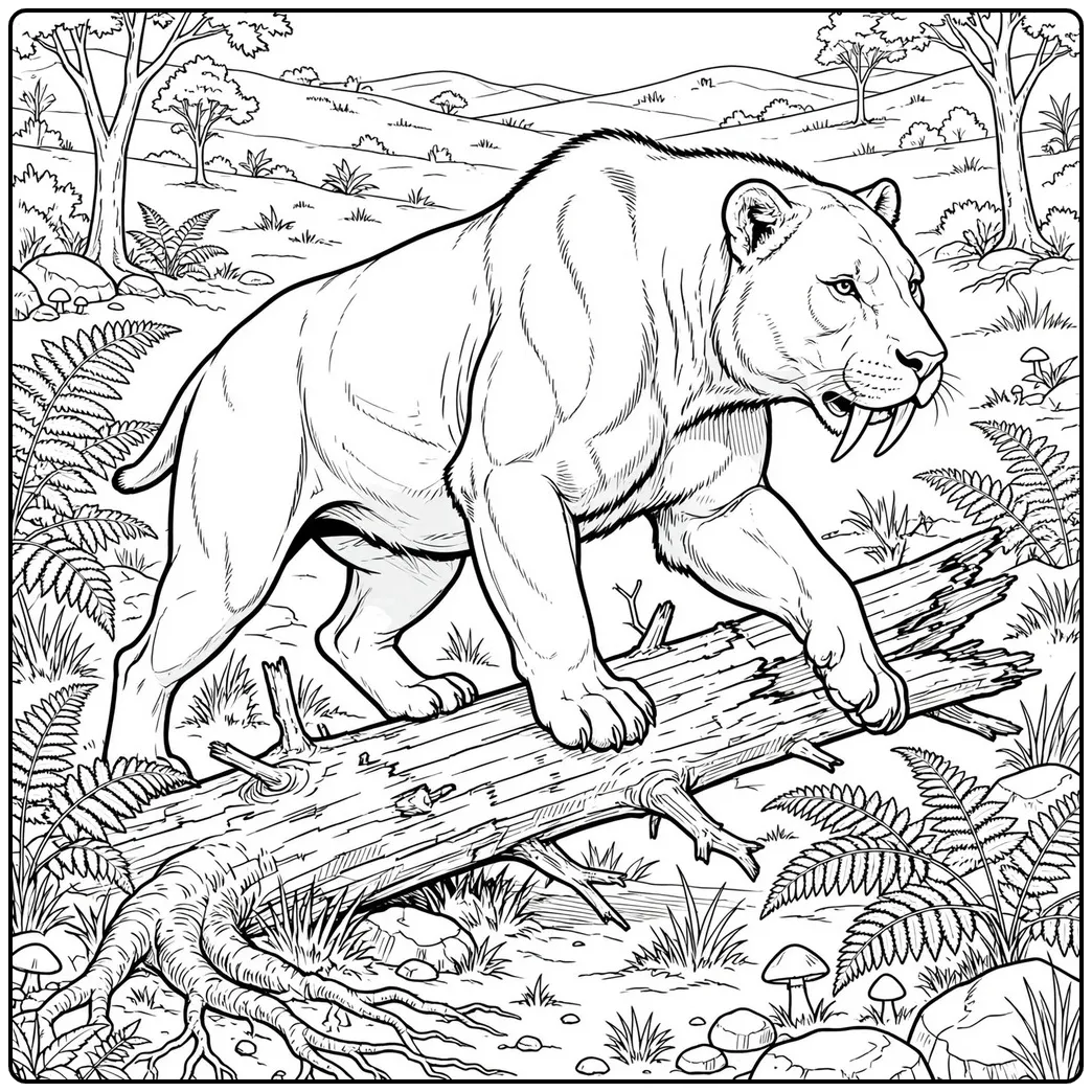 Muscular saber tooth tiger stepping over a fallen log among ferns and woodland rocks