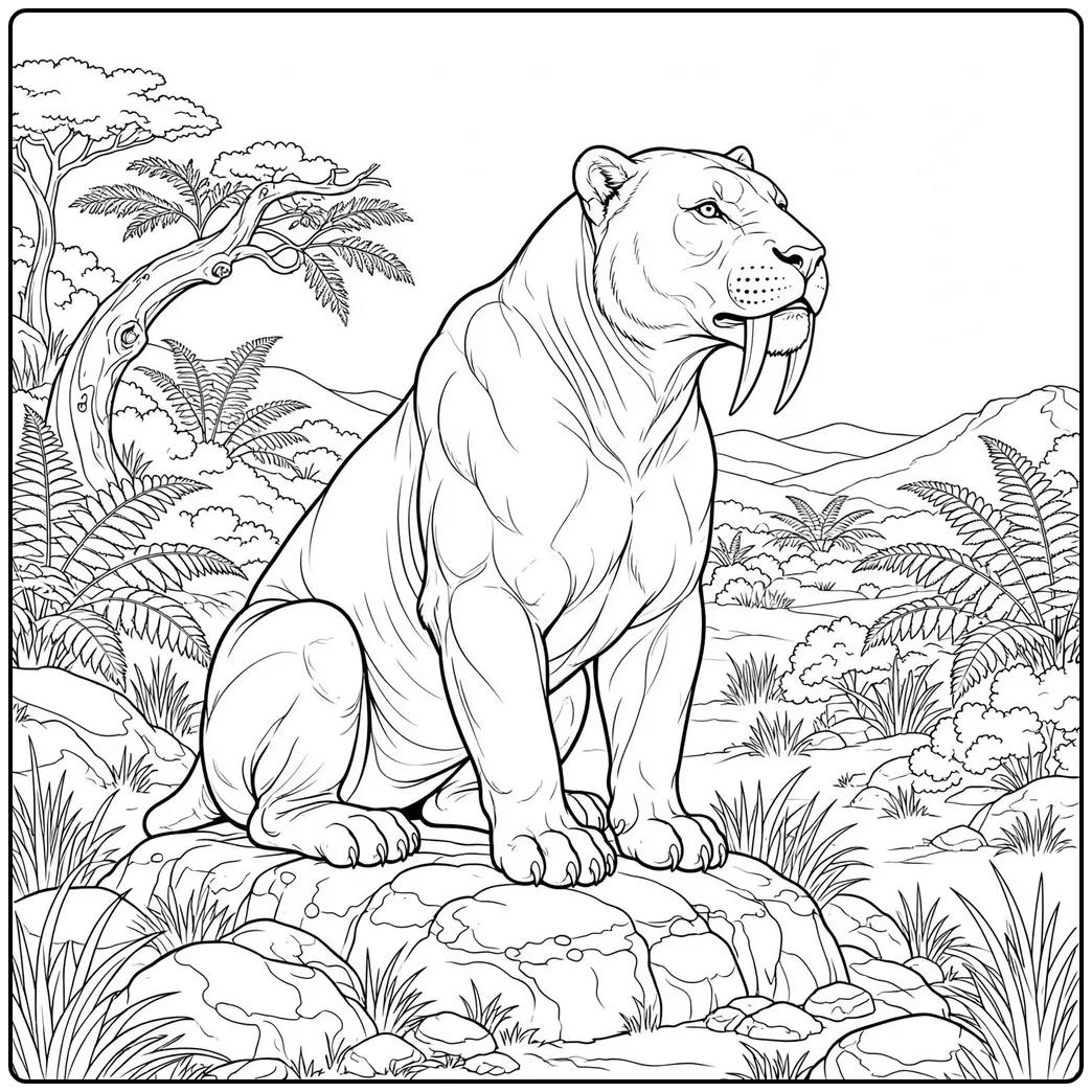 Alert saber tooth tiger sitting upright on a low rock above a fern-filled valley