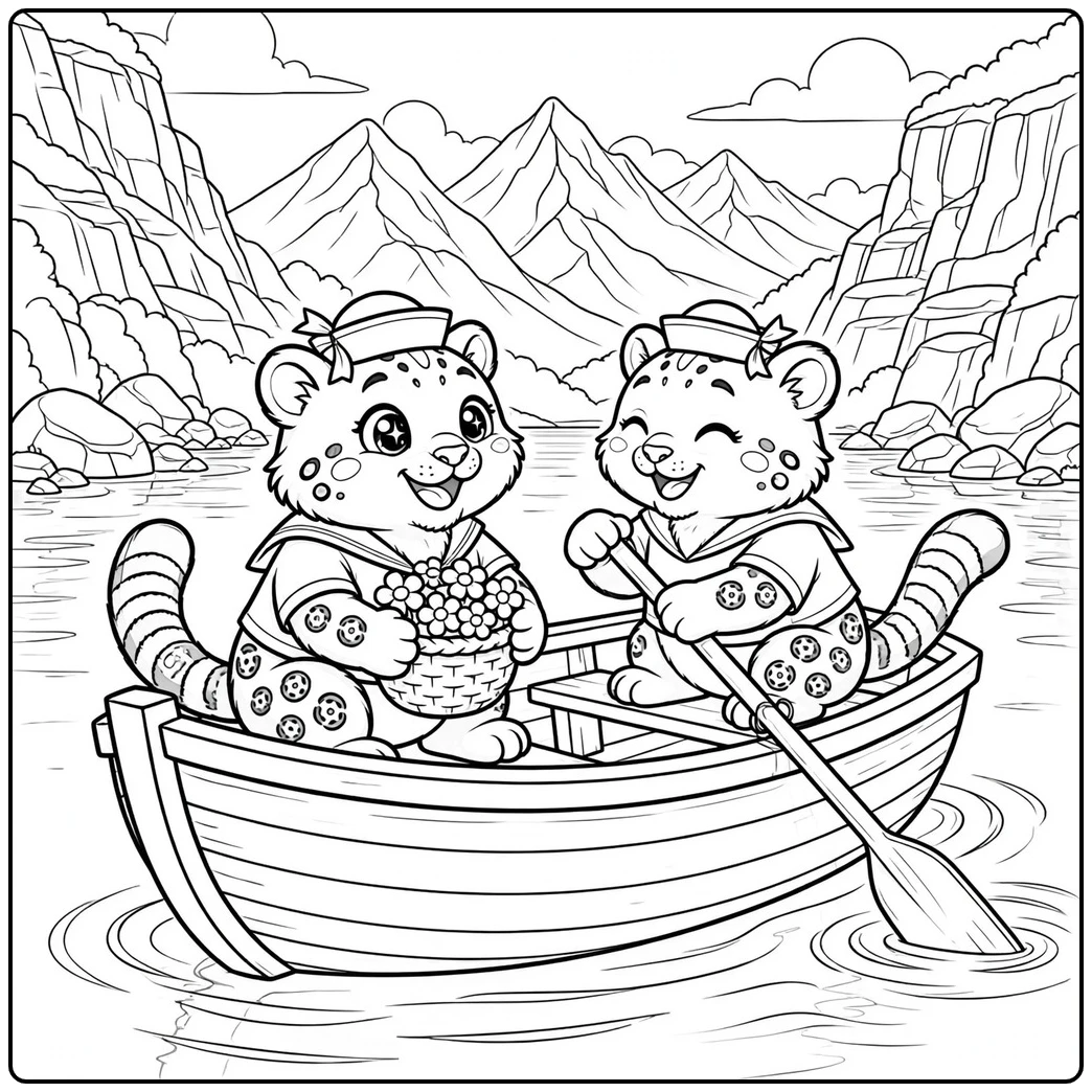 Two sailor snow leopards rowing across a mountain lake in a cute snow leopard coloring page
