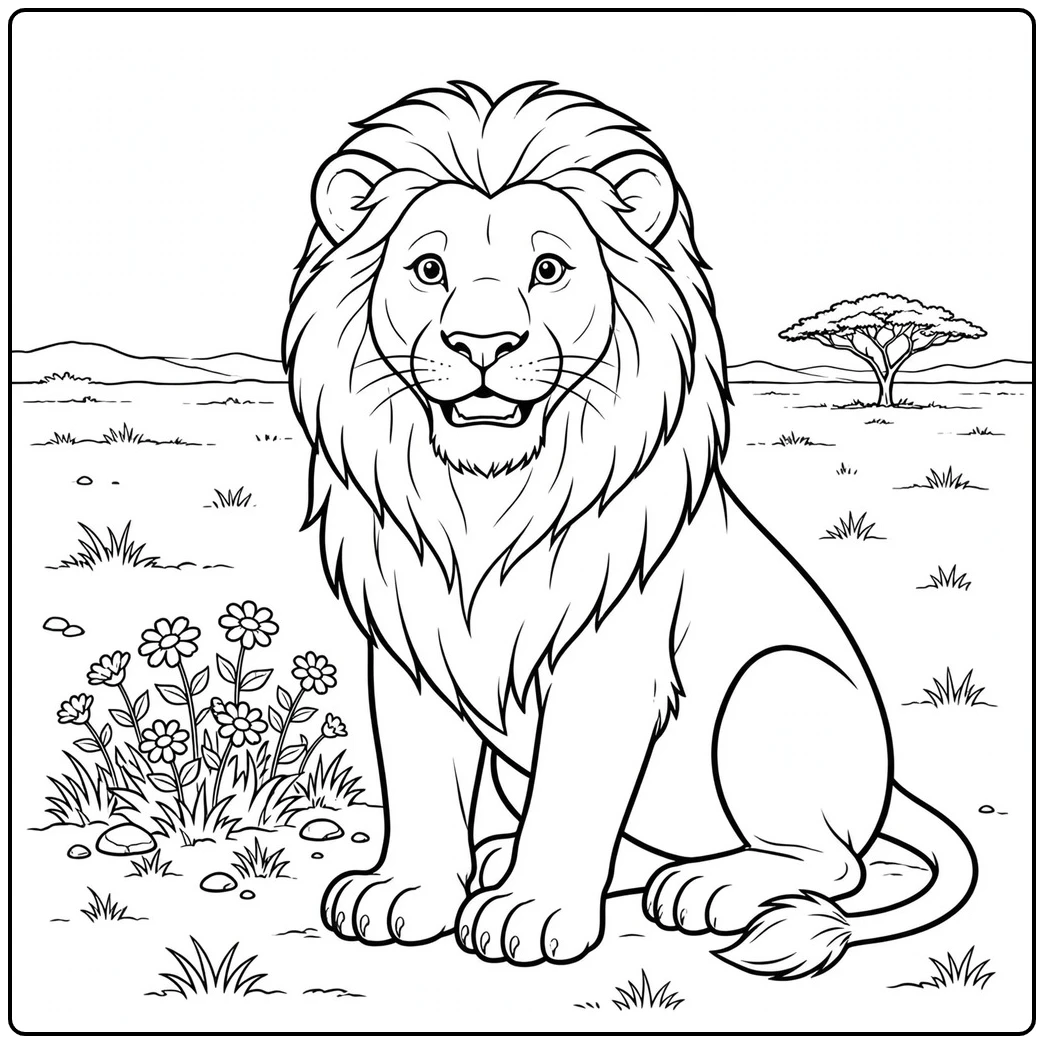 Seated male lion rests beside wildflowers with his mane framing a calm face