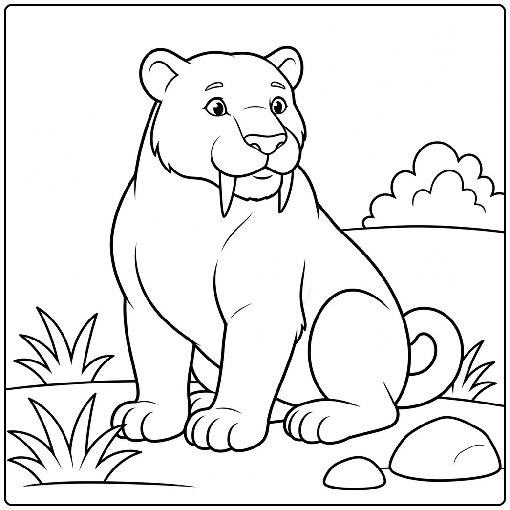 Saber tooth tiger coloring page of a seated cat among grass, rocks, and low shrubs