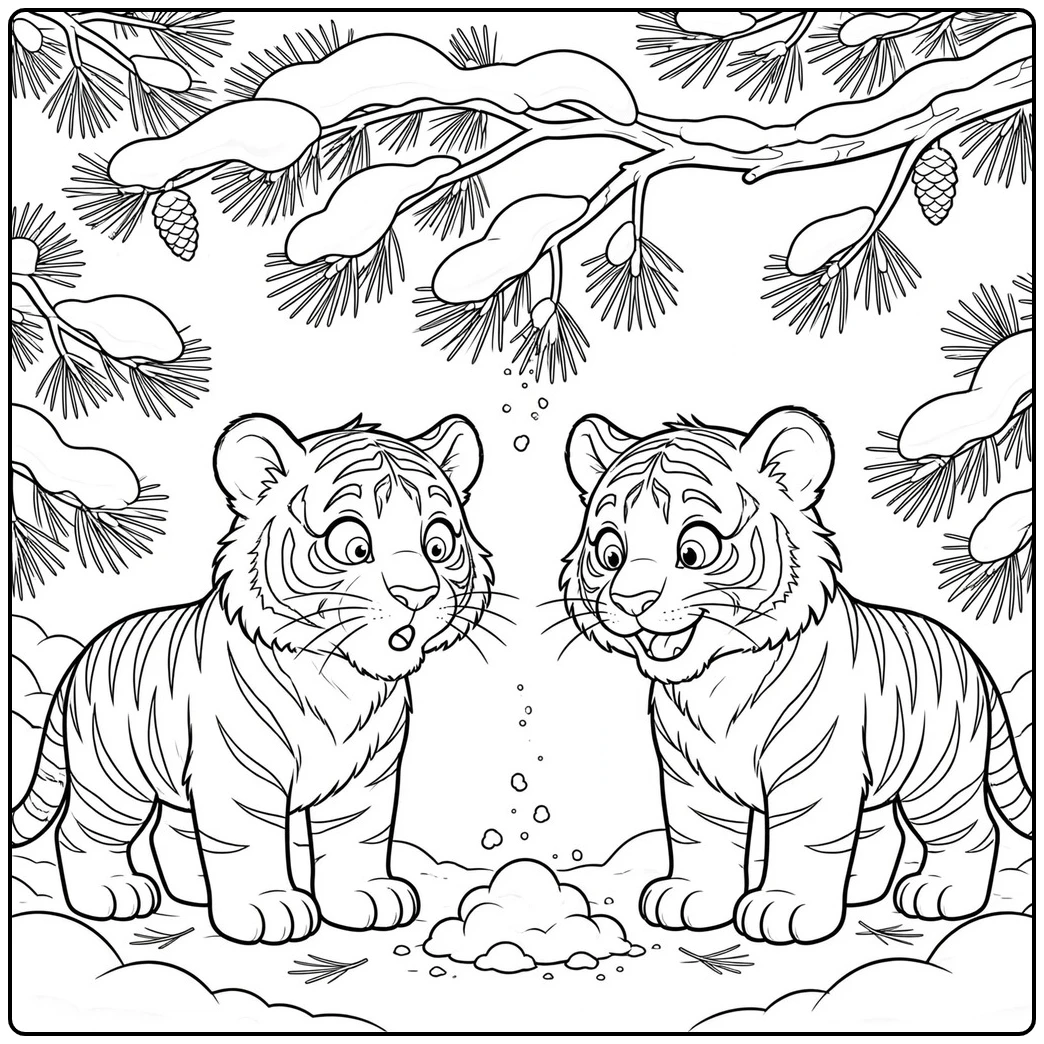 Young Siberian tigers watch a small snow clump fall beneath snow-covered pine branches