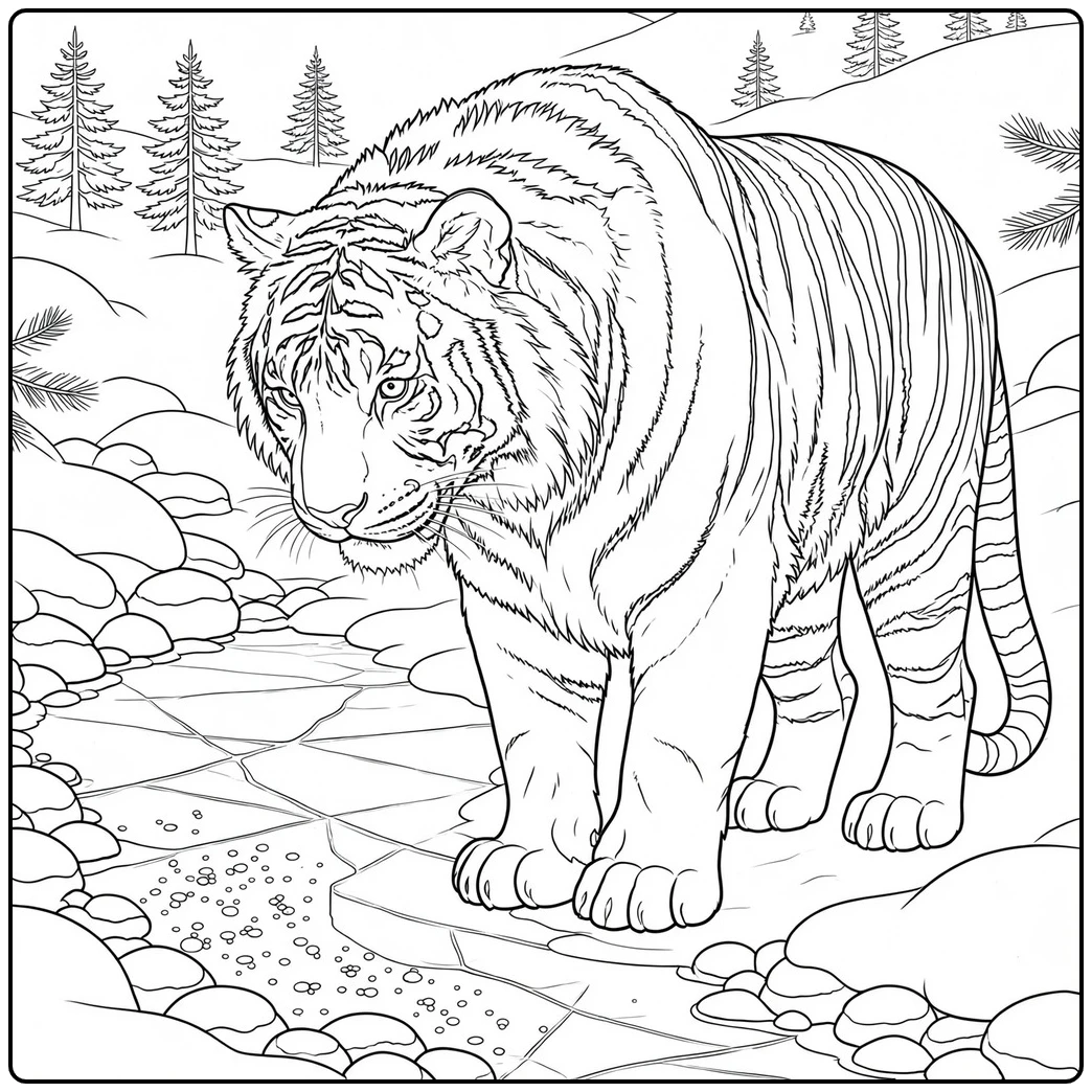 Thick-furred Siberian tiger stands beside a frozen stream with cracked ice and stones