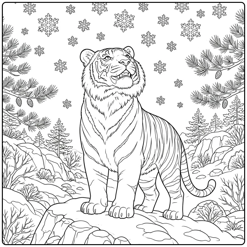 Siberian tiger coloring page page with an adult tiger watching snow fall on a rocky ridge