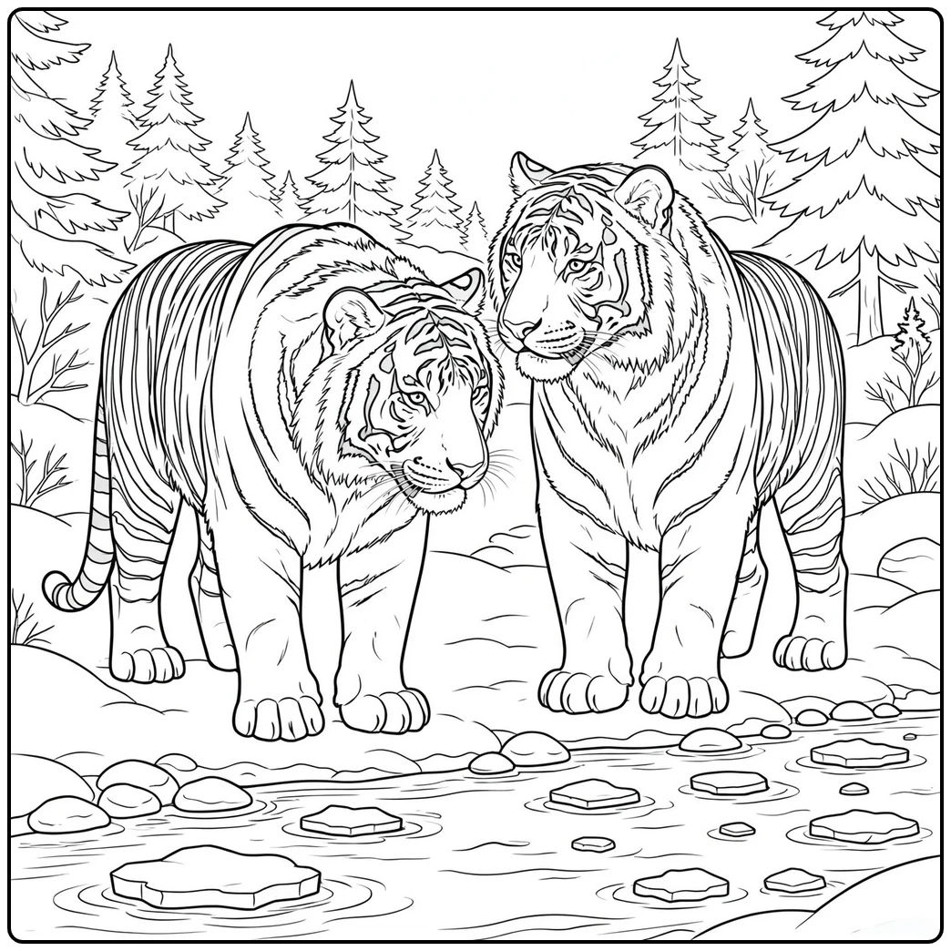 Two Siberian tigers stand by a cold river and look across scattered drifting ice