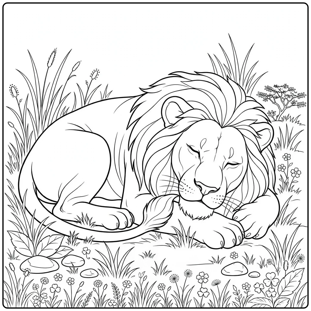 Sleeping male lion curls in tall grass with his head resting on both paws