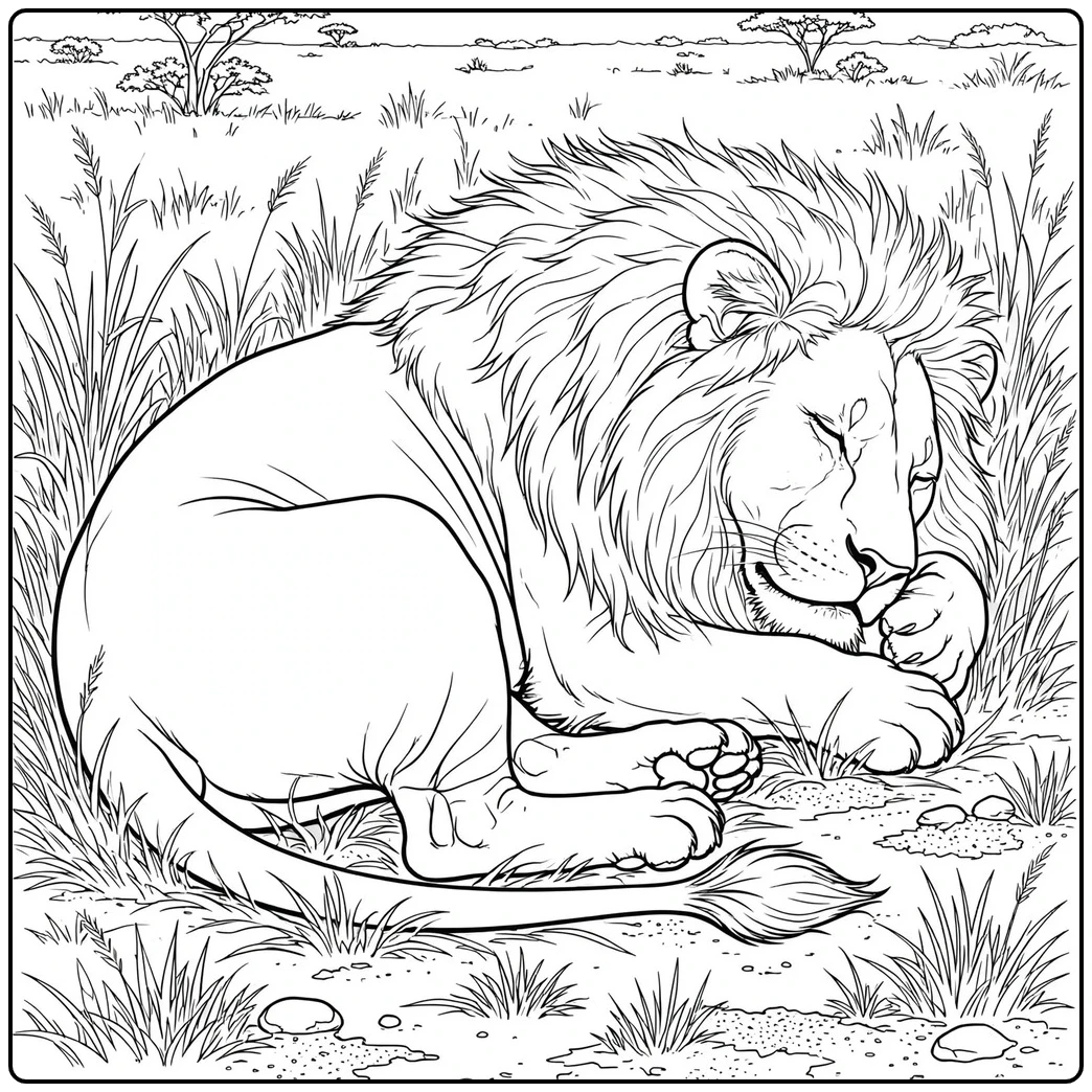 Sleeping male curled in dry grass on a male lion coloring page