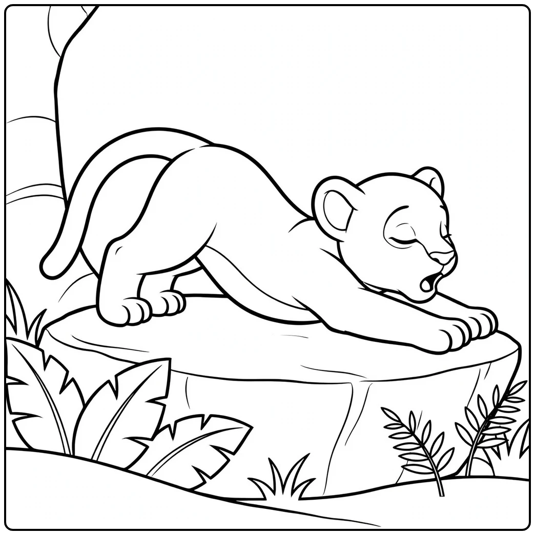 A sleepy baby panther coloring page with a cub stretching across a broad forest rock