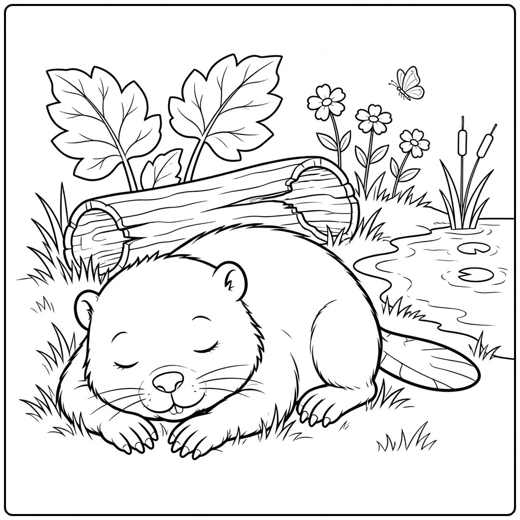 A sleepy beaver curls up in the grass beside a fallen log and wildflowers