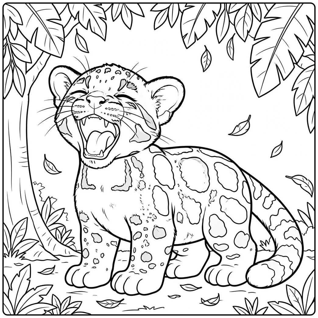 Yawning clouded leopard cub showing tiny fangs beneath falling jungle leaves
